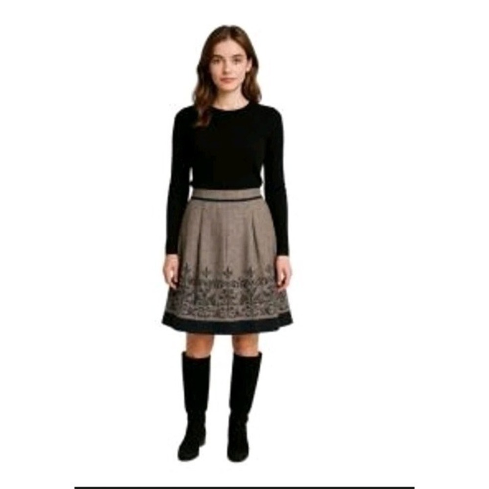 ANN TAYLOR LOFT SZ 14 BROWN HERRINGBONE LINED SKIRT VELVET TRM SEQUIN ACCENT EUC